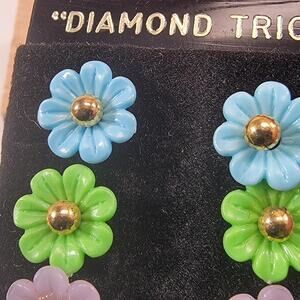 Vintage Diamond Trio Earrings Set Colorful Resin Flowers with Gold Accents